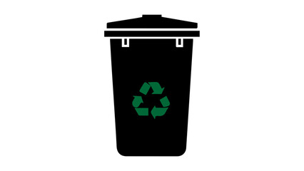 recycle bin icon, simple illustration of black recycle bin with green recycling sign in vector