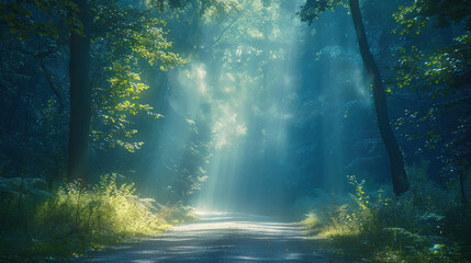Fototapeta premium Sunlight filters through a dense forest, casting ethereal beams of light onto a serene, moss-covered path, creating a tranquil and mystical atmosphere.