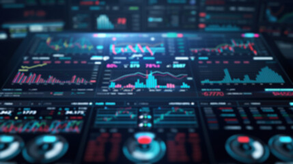 Naklejka premium A dynamic dashboard displaying various financial charts, graphs, and data analytics, symbolizing modern business intelligence and market analysis.