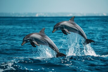 Fototapeta premium Two dolphins joyfully leap out of clear blue water, showcasing their grace and playful nature in an aquatic environment.