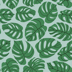 Fototapeta premium Monstera leaves a seamless pattern. Exotic houseplant leaves on a blue background. Abstract hand-drawn botanical pattern for packaging, textiles, or wallpapers. Flat vector illustration.
