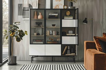 Modern Black Glassward Night Kernish cabinet with open doors, white accents, black metal legs, glass door revealing books, vases, photo frames, striped rug, minimalist decor.