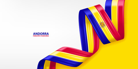 Obraz premium Andorra 3D ribbon flag. Bent waving 3D flag in colors of the Andorra national flag. National flag background design.