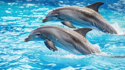 Dolphins enjoying the clear blue water, swimming and playing, showcasing their grace and energy