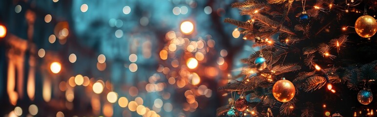 Fototapeta premium A Christmas tree on the background of a Night city, a landscape with bright New Year's lights sparkling on buildings