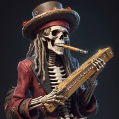 "A skeleton bard, with a harmonica, wearing a flamboyant hat, sporting dreadlocks, and a magnificent mustache."
