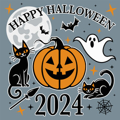 Happy Halloween 2024 Illustration with Pumpkin, Cat, Bat, and Ghost