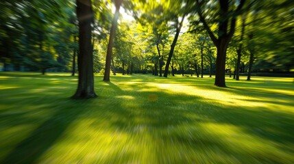 Fototapeta premium Abstract summer park: blurred green trees and lawn in natural light