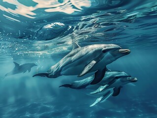 Obraz premium Group dolphins swimming gracefully underwater, illuminated by sunbeams penetrating the surface, creating a serene and beautiful scene.