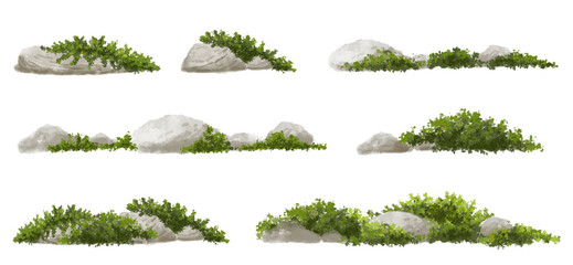 Vector watercolor of grass with rock for landscape and architecture drawing, elements for environment and garden, painting botanical for section,meadows or moss,green area