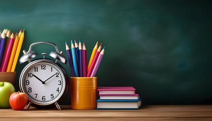 back to school.an alarm clock, notebooks, and colored pencils on a wooden desk, set against a clear chalkboard wall background. Emphasize the neatness and functionality of the school supplies