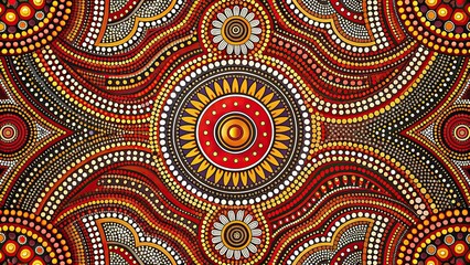 Traditional Australian Aboriginal tribal pattern design with vibrant colors and intricate geometric shapes