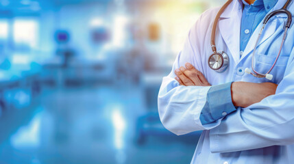 A medical expert with his arms crossed, wearing a white coat and stethoscope.