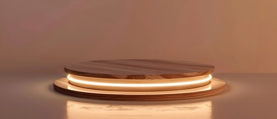 Elegant wooden platform with soft glowing light, perfect for display and showcase in modern interiors.