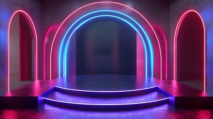 Futuristic stage with vibrant neon lights, perfect for presentations, performances, or creative projects.