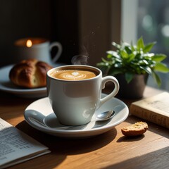 Fototapeta premium A warm and inviting still life of a morning coffee setup, set against a soft, creamy white background, with a beautiful play of natural light casting gentle shadows. A steaming cup of rich, dark coffe