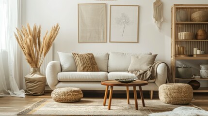 Cozy living room decor with poster, sofa, coffee table, vase, pillow, lamp, and accessories.