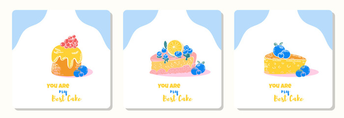 Cute hand drawing card with sweet cakes and berry. morning breakfast.  Isolated on a white background. Vector style. Greeting card, banner.