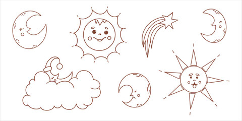 Vector cute graphic solar eclipse set with sun, moon, clouds, stars.Cartoon design.