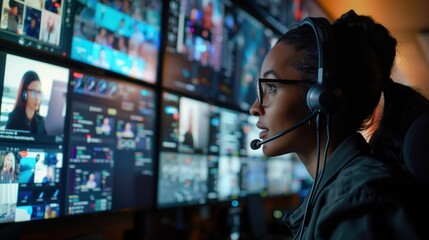 Live Chat Support.friendly customer service representative using headset and engaging with multiple chat windows on large screen. modern call center, digital communication and client support.