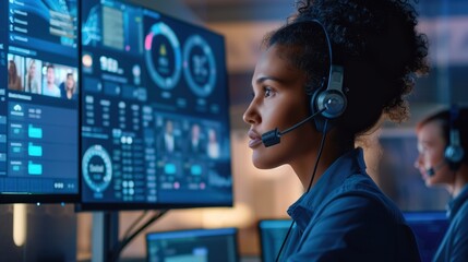 Live Chat Support.friendly customer service representative using headset and engaging with multiple chat windows on large screen. modern call center, digital communication and client support.