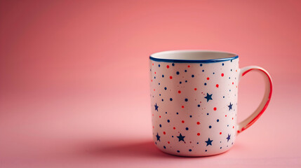 Festive Polka Dot and Star Patterned Mug on Pink Background - A cheerful mug adorned with red, white, and blue polka dots and stars sits against a vibrant pink background.