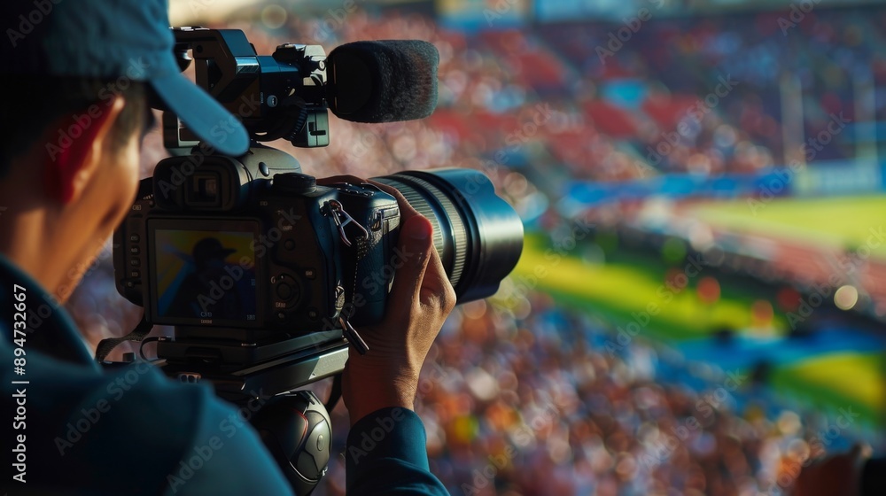 Aufkleber A cameraman films a game from the stands, focusing on the action on the field with a crowd of spectators in the background.