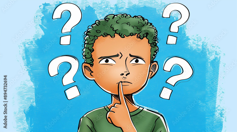 Poster thoughtful boy displaying confusion and questioning with a pensive expression. the image depicts an 