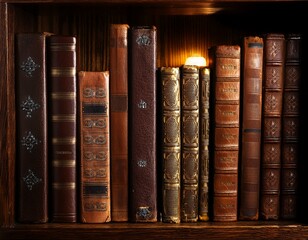 Estantería de madera oscura y antigua llena de libros viejos y antiguos en una librería con luz tenue © Michelle