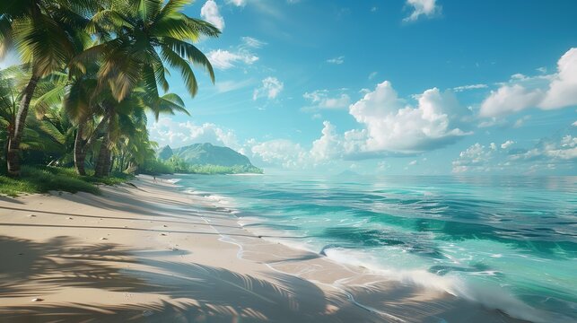 Beautiful summer background with palm leaves and sandy sea beach under a blue sky. Copy space.