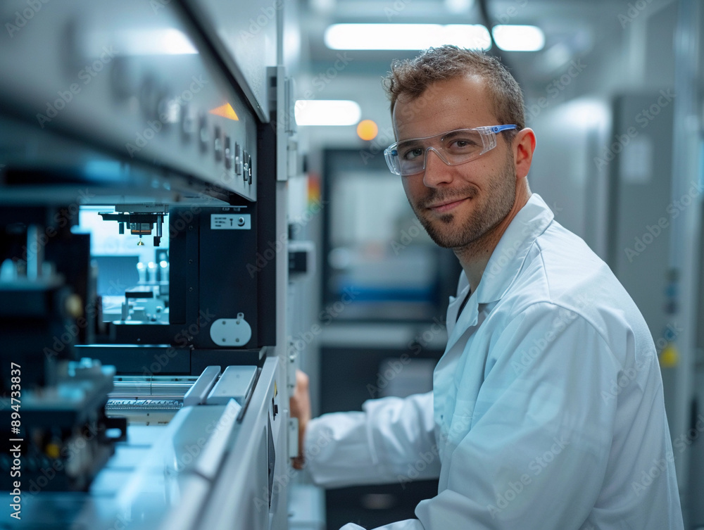 Poster smiling technician working on automated manufacturing machine in cleanroom environment