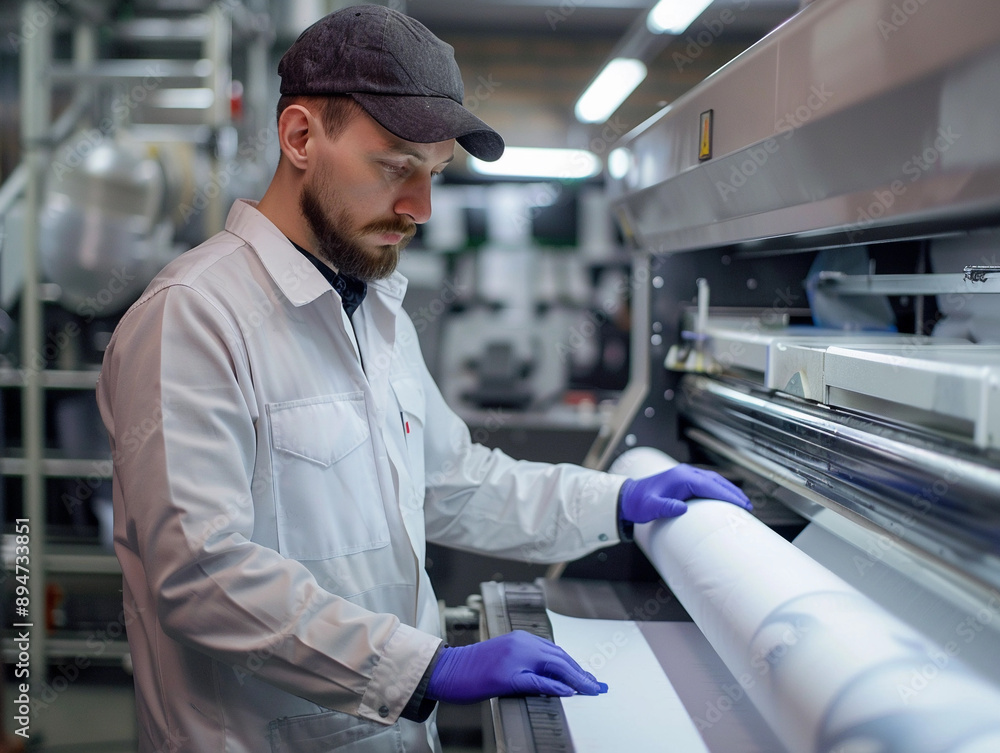 Poster factory worker loading large roll of paper into printing machine