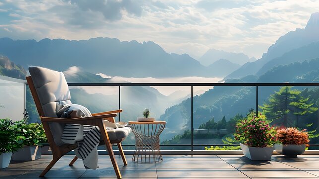 Balcony view of mountains landscape terrace with a beautiful view and cozy armchair