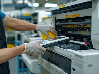 Technician Working on Industrial Printing Machine in a Factory