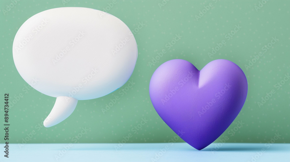 Poster heart and speech bubble representing emotions and communication. a colorful 3d render illustrating l