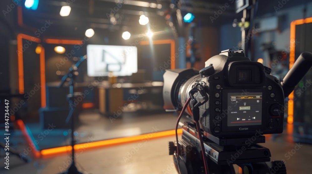 Poster A camera set up on a tripod in a television studio, ready to film. The camera lens is pointed towards the studio's set, with a screen displaying the camera's settings.