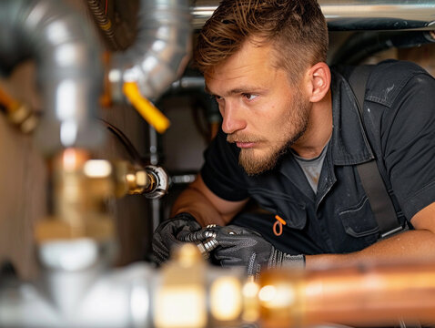 Plumber Working on Pipes in a Tight Space