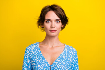 Photo of positive good mood young lady dressed flower print top smiling isolated yellow color...
