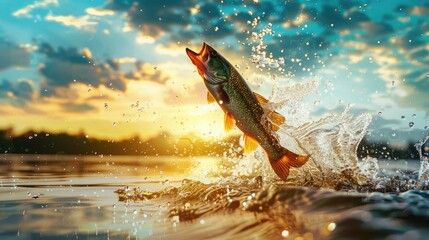 Fototapeta premium Close-up of a fish jumping over the water surface in a lake, with splashes and a beautiful sky background, perfect for a fishing concept