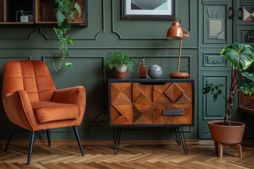 Fototapeta premium Modern geometric wood cabinet with black metal legs, industrial style, vinyl record player, black and gold palette, chevron wood panels.