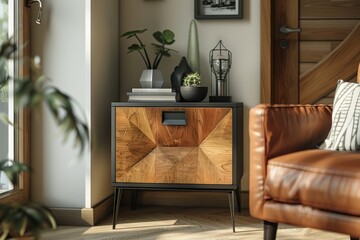 Modern geometric wood cabinet with black metal legs, industrial style, vinyl record player, black and gold palette, chevron wood panels.