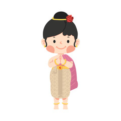 Kid girl in Thai traditional dress greeting