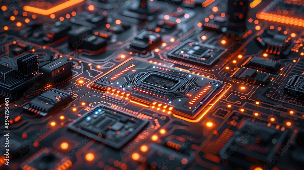 Poster close-up of a futuristic microchip circuit board with glowing orange lights, showcasing advanced tec