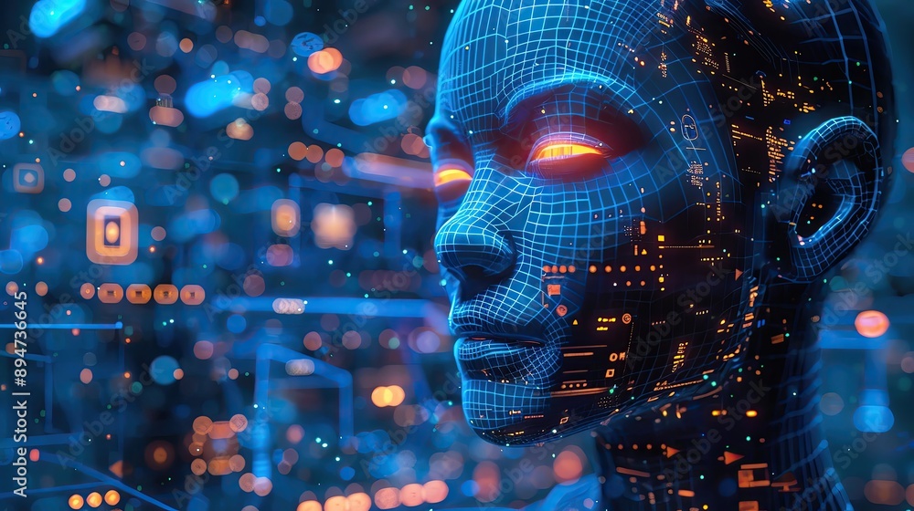 Poster futuristic ai robot with glowing eyes and digital interface, embodying advanced technology and artif