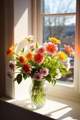 Beautiful flowers in a vase by the window, vertical composition