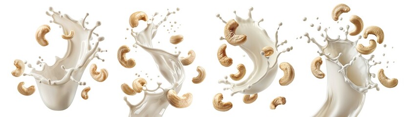 Naklejka premium Set of delicious cashew nuts splashing into milk, cream, yoghurt, or smoothie, cut out