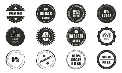Vector set of sugar free icons. No sugar added label. Emblem for package product. Diabetic round sticker. Vector illustration