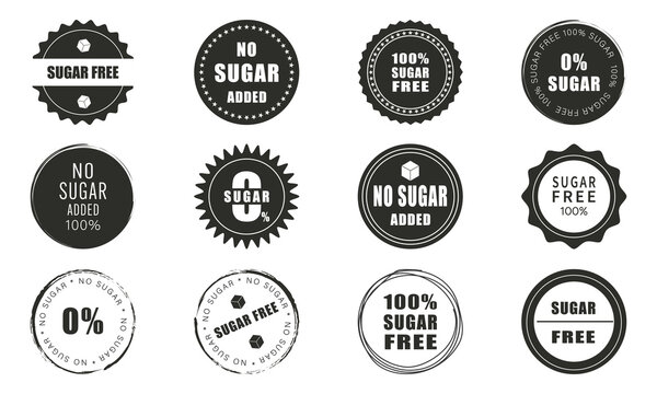 Vector set of sugar free icons. No sugar added label. Emblem for package product. Diabetic round sticker. Vector illustration