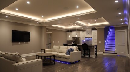 Beautiful basement entertaining room with led lighting in tray ceiling