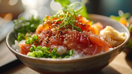 Delicious, fresh Poke, beautiful serving, exquisite decor, light interior, staged professional photography, food photography
